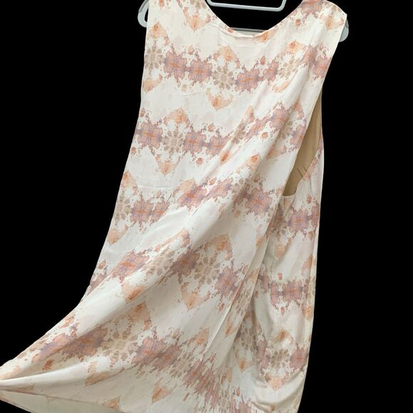 MORGAN CARPER Anthropologie Abstract Tonal Beige Mauve Silk Shift Cape Dress - Picture 10 of 14